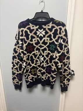 Dad sweater Navy Patterned Crewneck Sweater with Multicolor Accents
